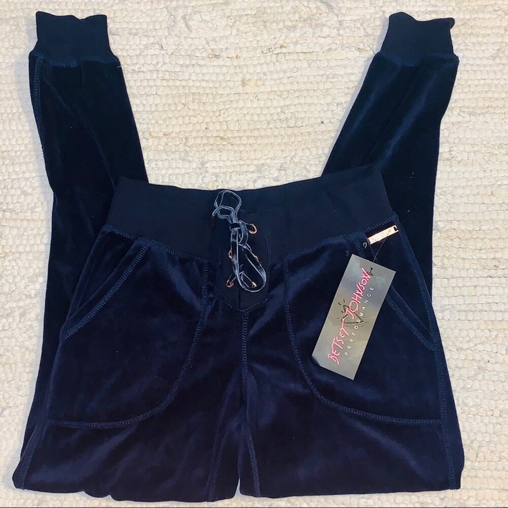 NWT BETSEY JOHNSON PERFORMANCE NAVY BLUE VELOURS LACEUP JOGGERS SWEATPANTS